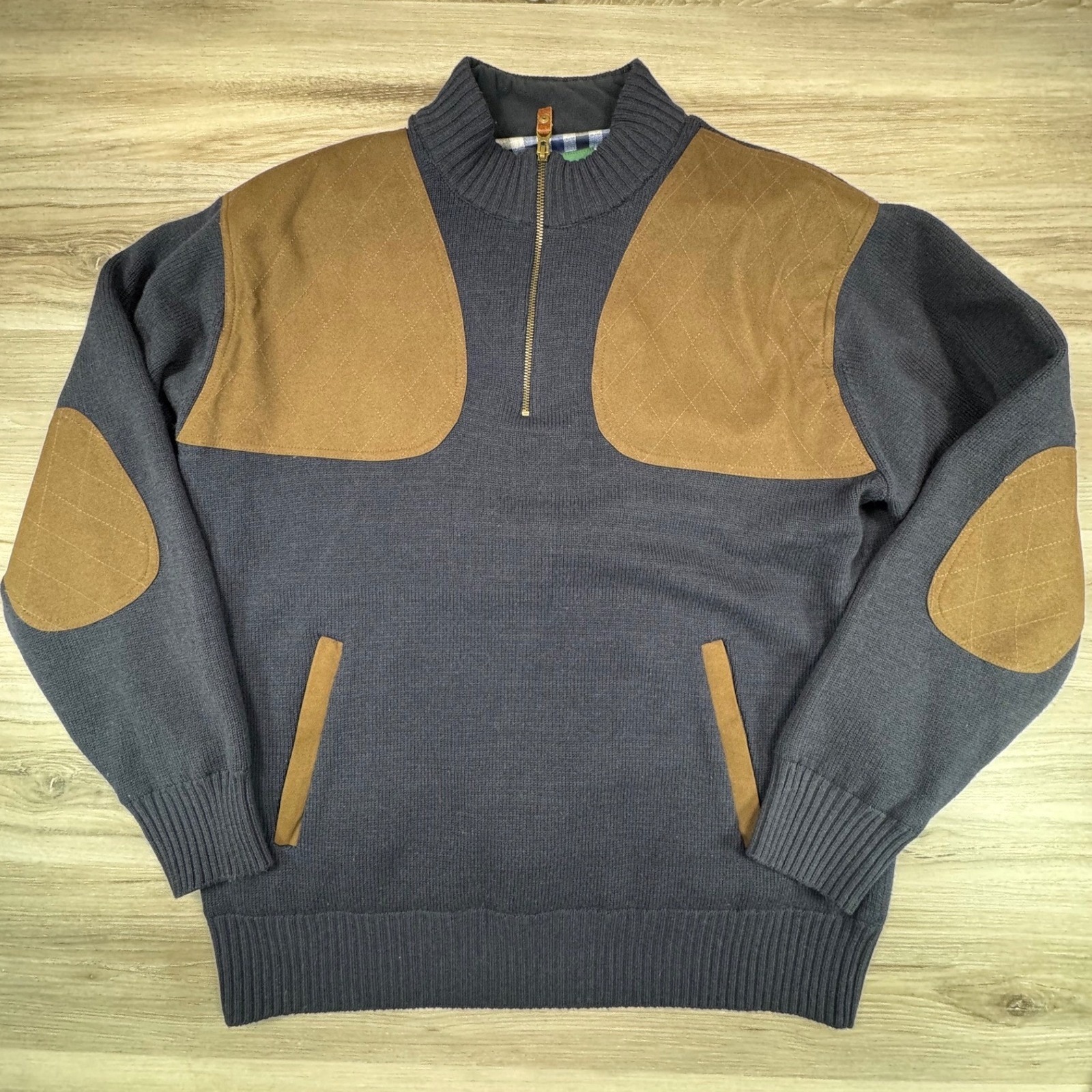 Orvis Mens Wool Shooting Sweater L Navy Blue Quarter Zip Quilted Elbow Patches